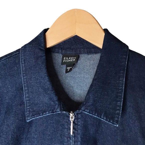 Medium Eileen Fisher Blue Cotton Chambray Shirt Jean Jacket Coastal Stretch - Picture 3 of 12